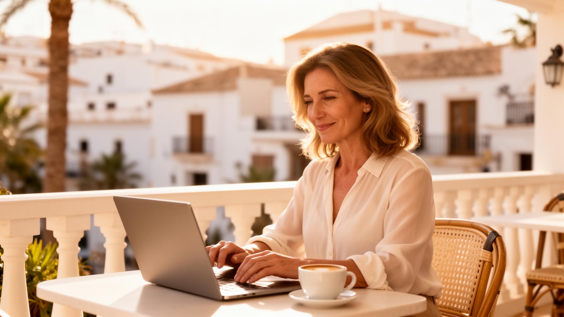 Asesora inmobiliaria trabajando desde una terraza luminosa en Almería